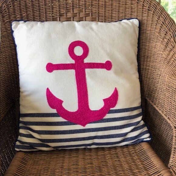 THRESHOLD Nautical Anchor Fuchsia Blue White Stripe Throw Pillow 18 x 18 - Picture 1 of 13